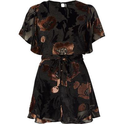 River Island Womens Floral Devore Tie Waist Frill Romper