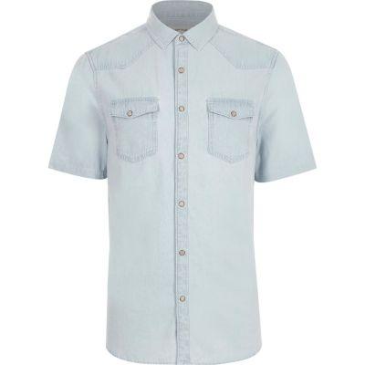 River Island Mens Bleached Short Sleeve Denim Shirt