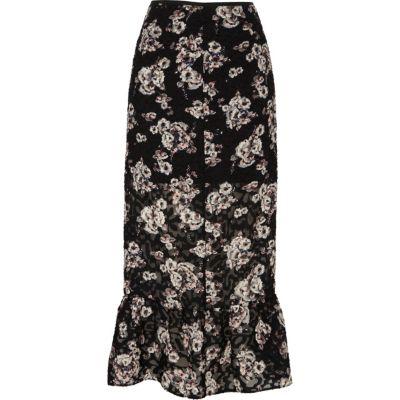 River Island Womens Floral Print Frill Hem Midi Skirt