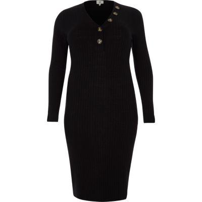 River Island Womens Plus Rib V Neck Button Midi Dress