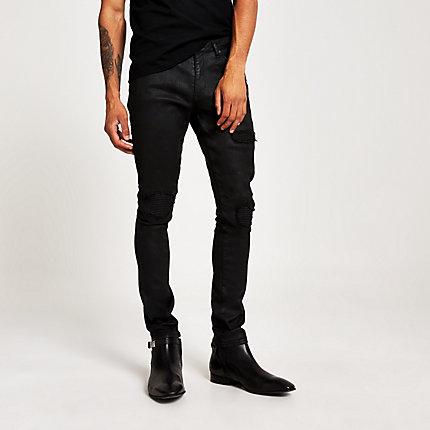 River Island Mens Danny Super Skinny Coated Biker Jeans