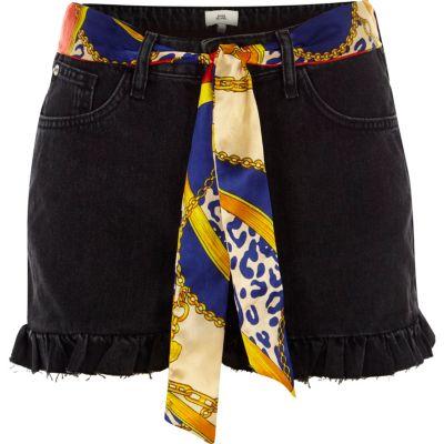 River Island Womens Scarf Belt Frill Hem Denim Shorts