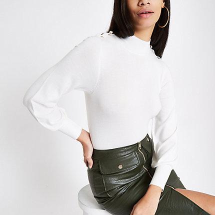 River Island Womens Faux Pearl Button Turtle Neck Top