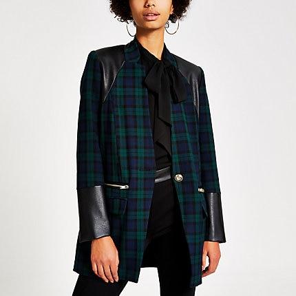 River Island Womens Tartan Check Faux Leather Blocked Blazer
