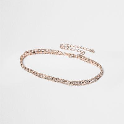 River Island Womens Rose Gold Tone Diamante Embellished Anklet