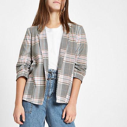 River Island Womens Petite Check Ruched Sleeve Blazer