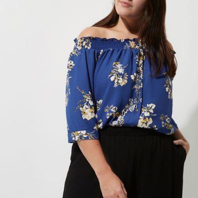 River Island Womens Plus Floral Print Shirred Bardot Shirt