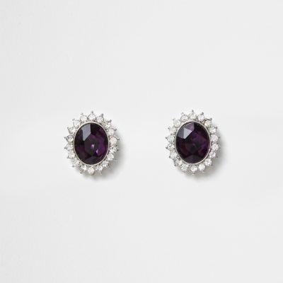 River Island Womens Silver Tone Amethyst Jewel Stud Earrings