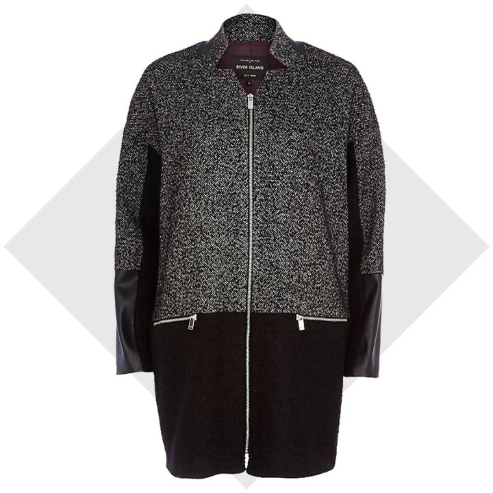 River Island Womens Tweed Leather-look Panel Oversized Coat