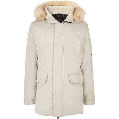 River Island Mens White Faux Fur Trim Hooded Parka