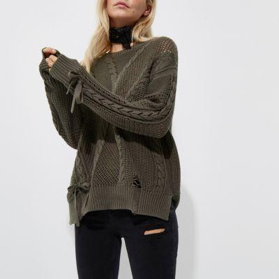 River Island Womens Petite Ladder Knitted Tie Detail Sweater