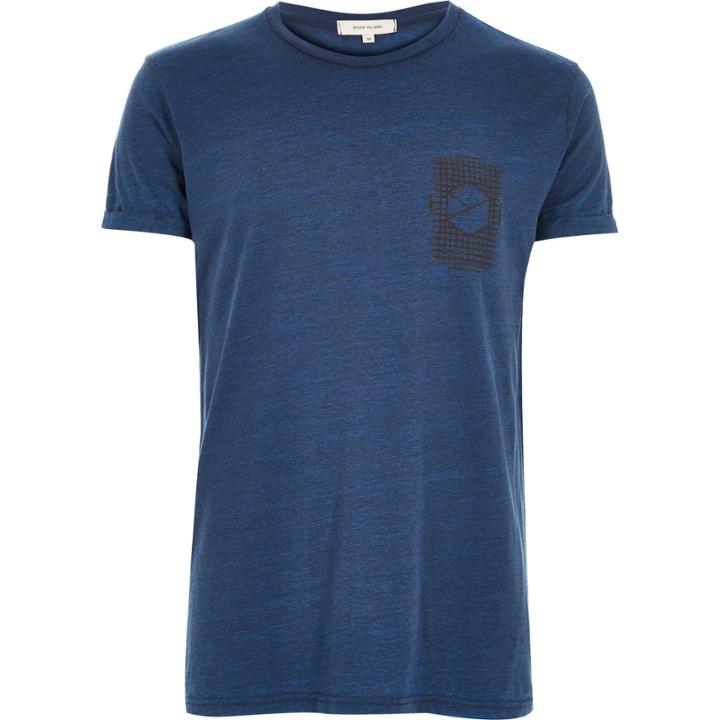 River Island Mensblue Textured Geometric Print T-shirt