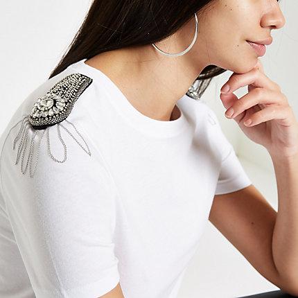 River Island Womens White Diamane Shoulder Trim T-shirt