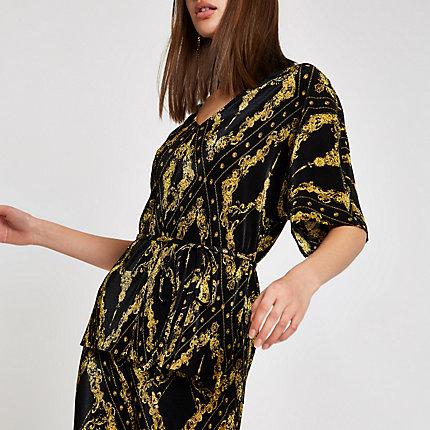 River Island Womens Plisse Chain Print Tie Waist Kimono Top