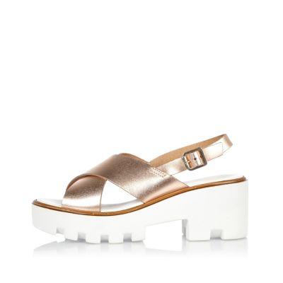 River Island Womens Gold Leather Platform Sandals