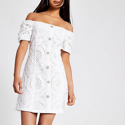 River Island Womens White Bardot Button Front Lace Dress