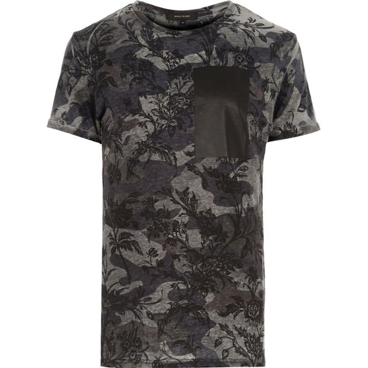 River Island Mensgrey Burnout Floral Camo Print T-shirt