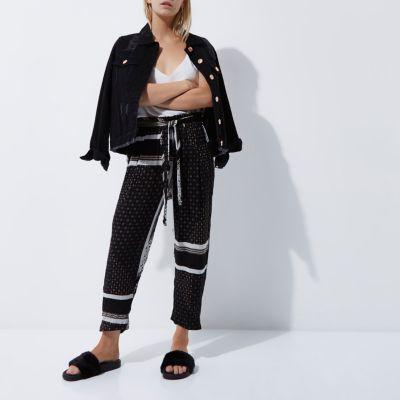 River Island Womens Petite Mono Print Tie Waist Tapered Trousers