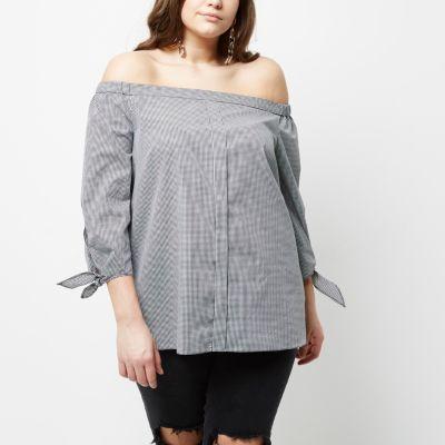 River Island Womens Check Print Tie Sleeve Bardot Shirt