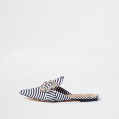 River Island Womens White Stripe Wide Fit Backless Loafers