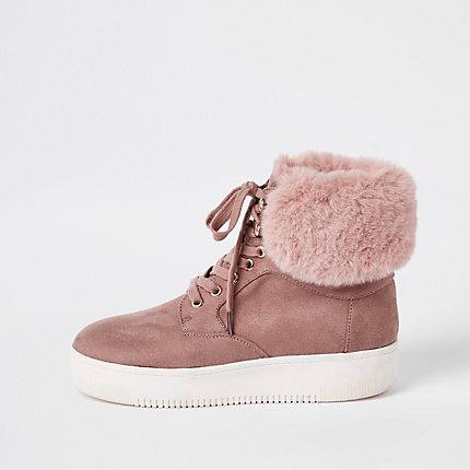 River Island Womens Lace-up Faux Fur Trims Boots