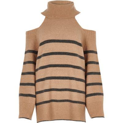 River Island Womens Stripe Roll Neck Cold Shoulder Jumper