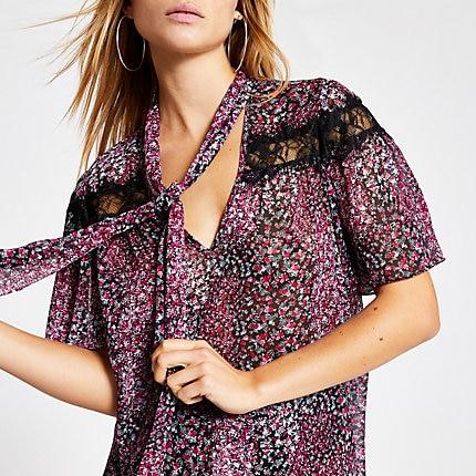 River Island Womens Floral Lace Tie Neck Blouse