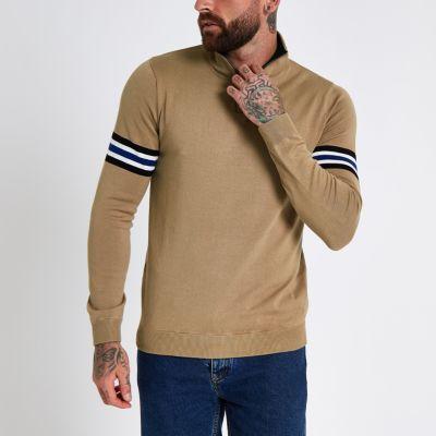 River Island Mens Stripe Sleeve Funnel Neck Zip Sweater