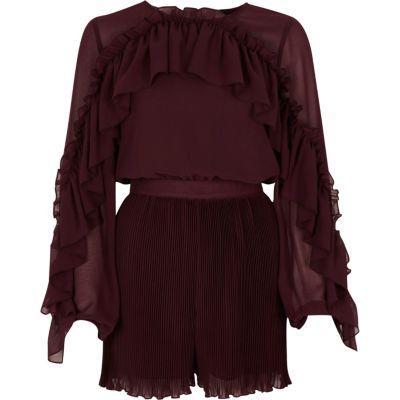 River Island Womens Long Sleeve Pleated Frill Playsuit
