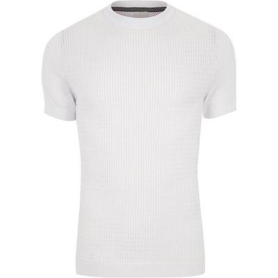 River Island Mens White Muscle Fit Cable Knit T-shirt