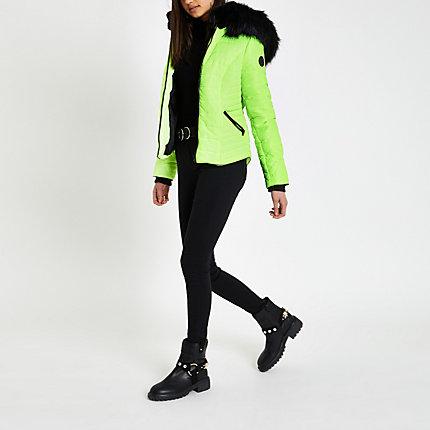 River Island Womens Neon Faux Fur Hood Padded Coat