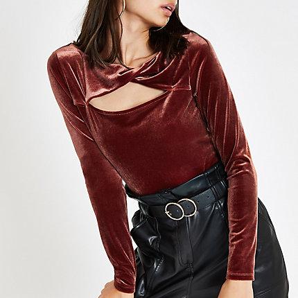 River Island Womens Rust Velvet Twist Long Sleeve Top