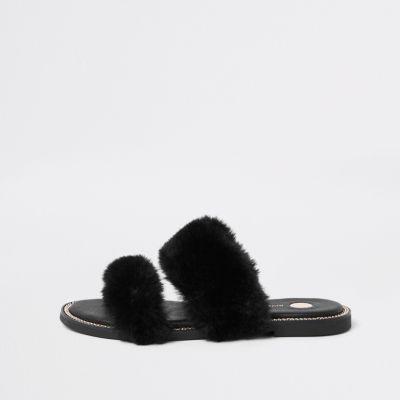 River Island Womens Faux Fur Chain Trim Sandals