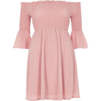 River Island Womens Petite Shirred Bell Sleeve Bardot Dress