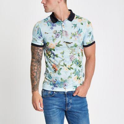 River Island Mens Floral Muscle Fit Polo Shirt