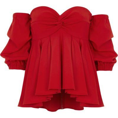 River Island Womens Bardot Puff Sleeve Peplum Top
