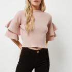 River Island Womens Petite Knit Double Frill Sleeve Top