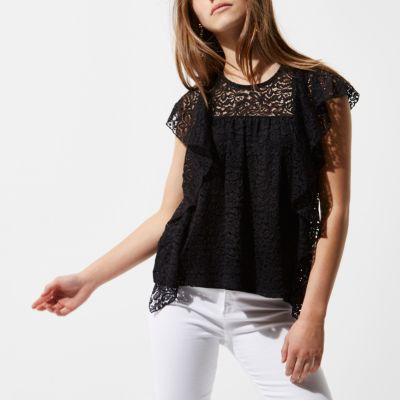 River Island Womens Petite Lace Frill Front Top