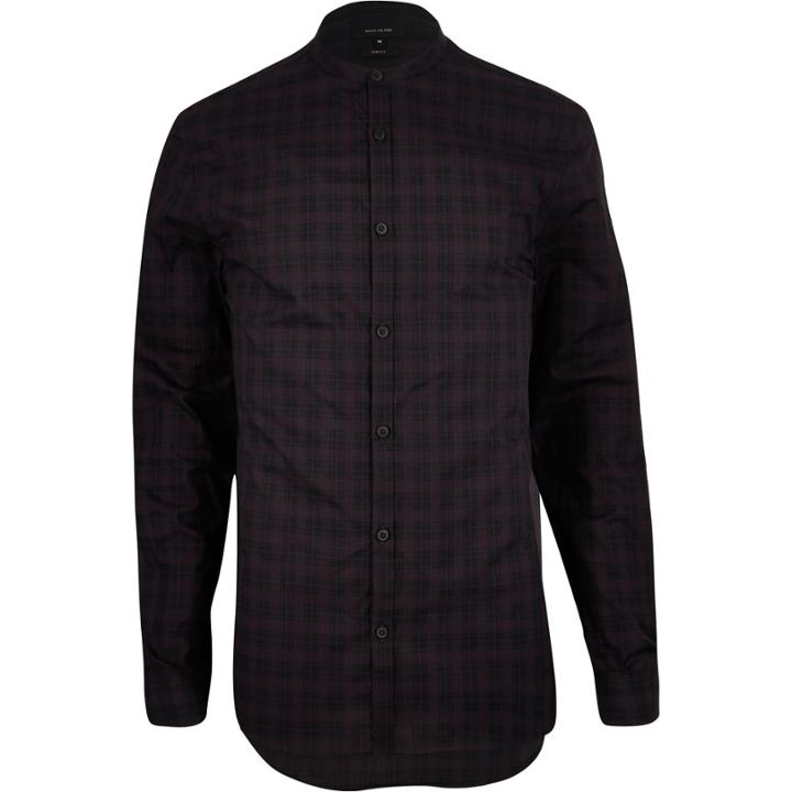 River Island Menspurple Check Collarless Grandad Shirt