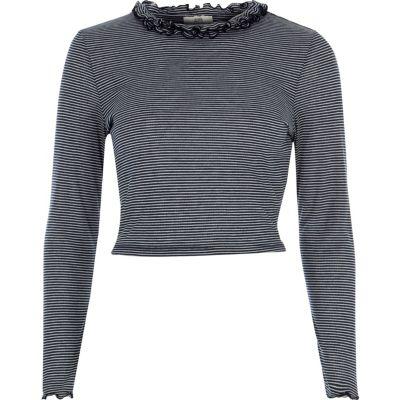 River Island Womens Petite Stripe Frill Neck Long Sleeve Top