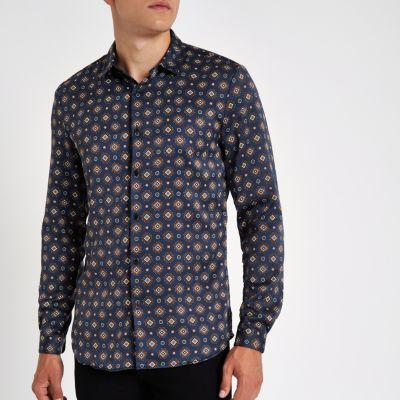 River Island Mens Geo Print Satin Long Sleeve Shirt