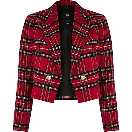 River Island Womens Petite Tartan Cropped Blazer