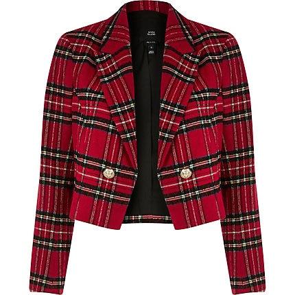 River Island Womens Petite Tartan Cropped Blazer