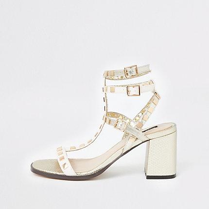 River Island Womens White Studded Gladiator Block Heel Sandals