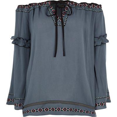 River Island Womens Embroidered Trim Bardot Smock Top