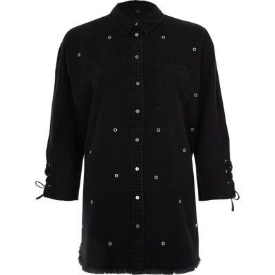 River Island Womens Eyelet Stud Lace-up Cuff Denim Shirt