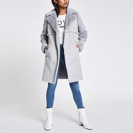 River Island Womens Petite Suede Faux Fur Trim Longline Coat