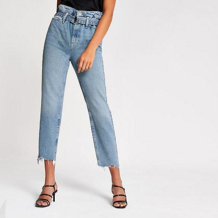 River Island Womens Frayed Hem Mom Paperbag Belted Jeans