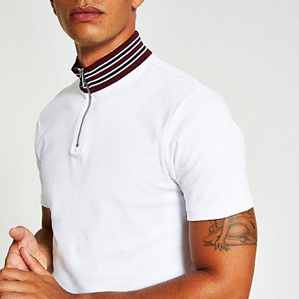 River Island Mens White Slim Fit Half Zip Funnel Neck T-shirt