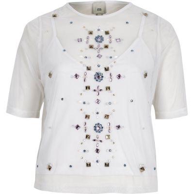 River Island Womens White Mesh Gem Embellished T-shirt